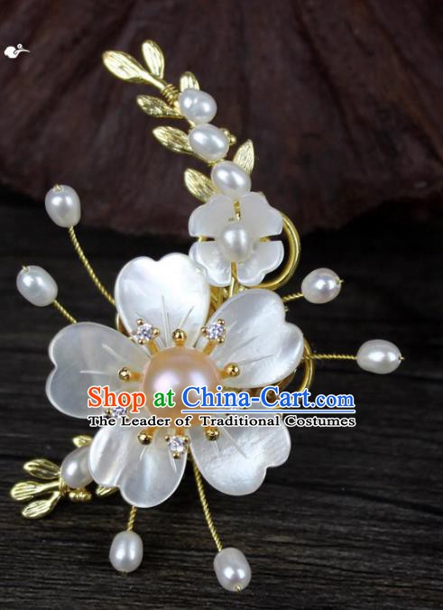 Chinese Ancient Handmade Accessories Shell Flower Brooch Hanfu Breastpin for Women