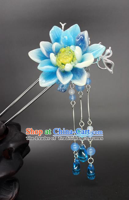 Chinese Ancient Handmade Hair Accessories Hairpins Classical Hanfu Blue Flowers Step Shake for Women