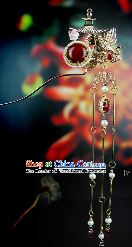 Chinese Ancient Handmade Hair Accessories Hairpins Classical Crane Tassel Step Shake Hanfu Hair Clip for Women