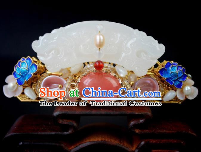 Chinese Ancient Handmade Hair Accessories Blueing Lotus Hair Comb Classical Hanfu Jade Hairpins for Women