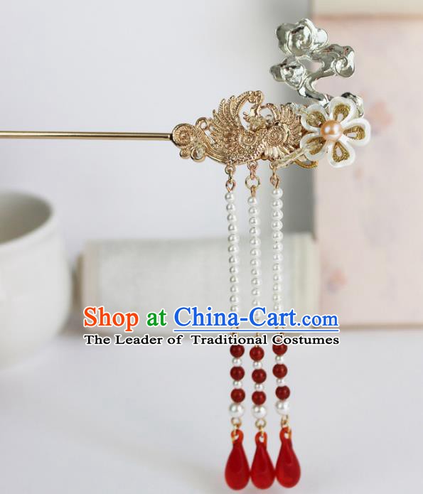 Chinese Ancient Handmade Hair Accessories Phoenix Step Shake Classical Hanfu Tassel Hairpins for Women