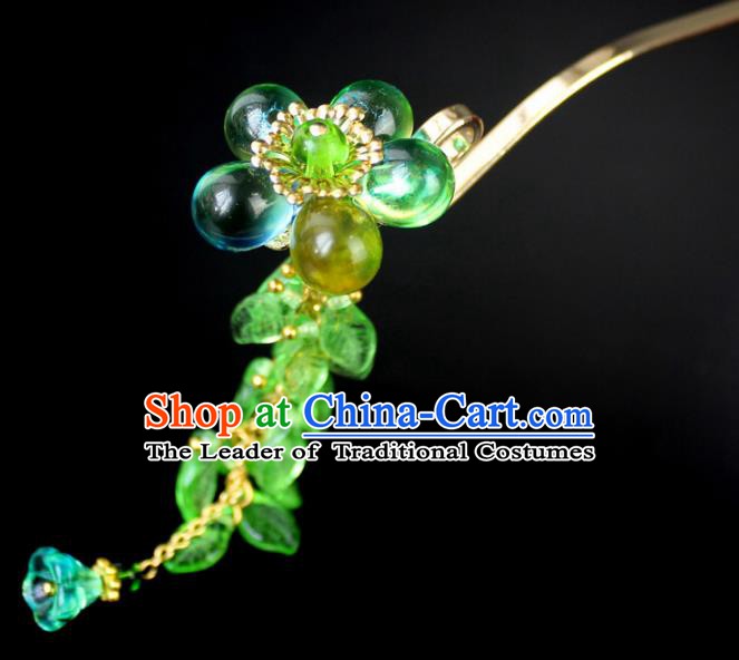 Chinese Ancient Handmade Hair Accessories Green Coloured Glaze Step Shake Classical Hanfu Hairpins for Women