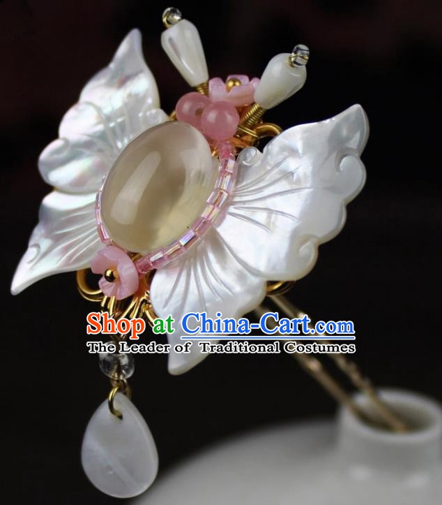 Chinese Ancient Handmade Hair Accessories Shell Butterfly Hair Stick Classical Hanfu Hairpins for Women