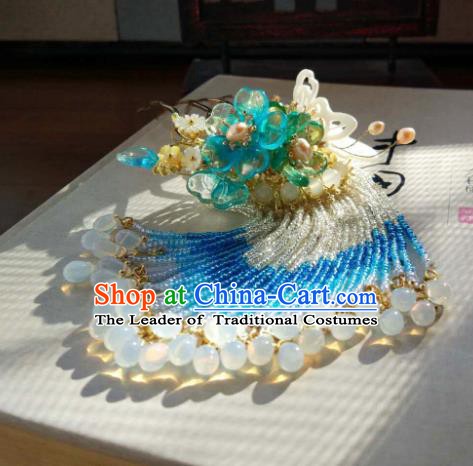 Chinese Handmade Ancient Hair Accessories Blue Beads Tassel Hair Stick Classical Hanfu Hairpins for Women