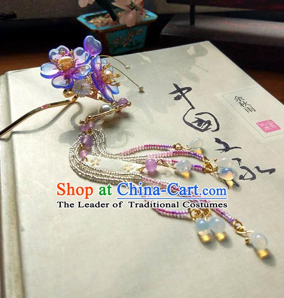 Chinese Handmade Ancient Hair Accessories Classical Hanfu Tassel Step Shake Purple Flowers Hairpins for Women