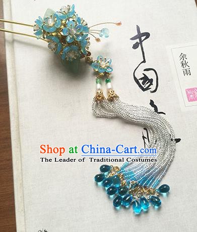 Chinese Handmade Ancient Hairpins Hair Accessories Classical Hanfu Blue Flowers Tassel Step Shake for Women