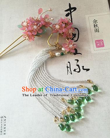 Chinese Handmade Ancient Pink Flowers Hairpins Hair Accessories Classical Hanfu Tassel Step Shake for Women