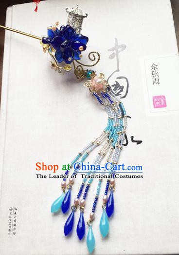 Chinese Ancient Hanfu Handmade Blue Tassel Hairpins Hair Accessories Hair Clip for Women