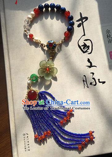 Chinese Handmade Ancient Accessories Chain Bracelet Blue Beads Tassel Bracelets for Women