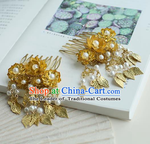 Chinese Ancient Handmade Hanfu Classical Tassel Hairpins Palace Lady Golden Leaf Hair Combs Hair Accessories for Women