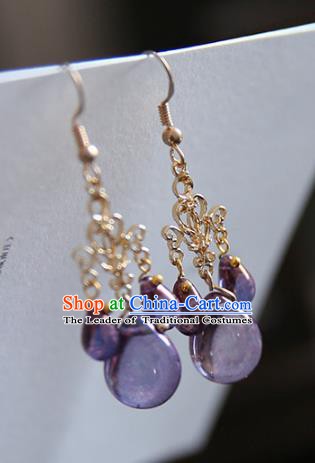 Chinese Handmade Ancient Jewelry Accessories Eardrop Hanfu Purple Crystal Earrings for Women