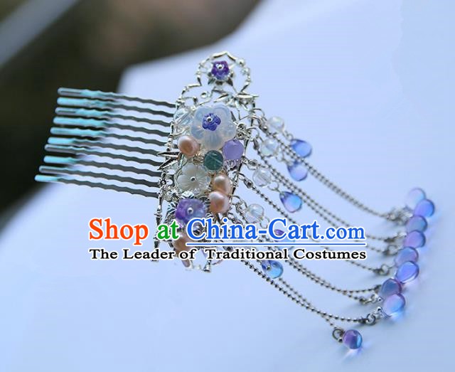 Chinese Ancient Hanfu Handmade Blue Beads Tassel Hair Comb Hairpins Hair Accessories for Women