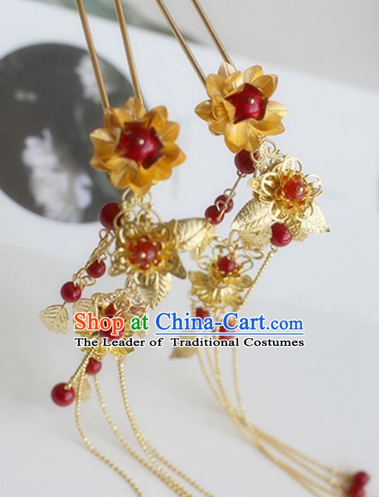Chinese Ancient Hanfu Handmade Hairpins Golden Tassel Step Shake Hair Accessories for Women