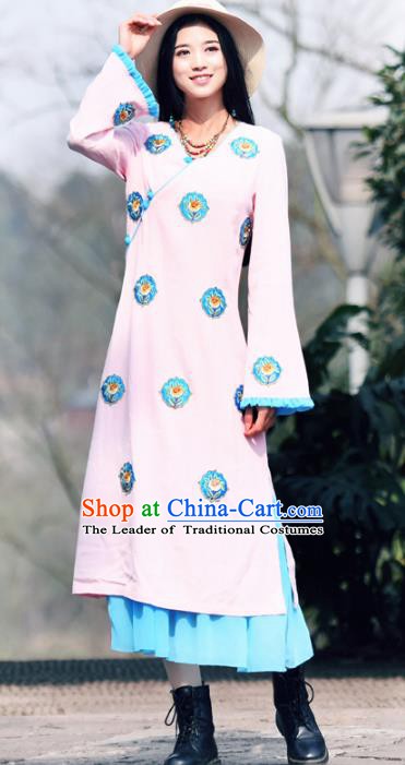 Traditional China National Costume Pink Dress Chinese Embroidered Qipao for Women