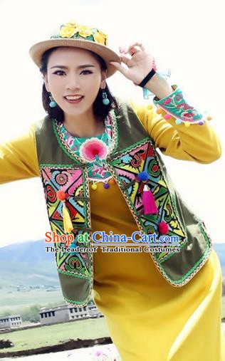 Traditional China National Costume Tang Suit Olive Green Vests Chinese Embroidered Waistcoat for Women