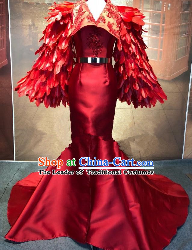 Top Grade Stage Performance Costume Modern Dance Red Cheongsam Catwalks Mermaid Full Dress for Women