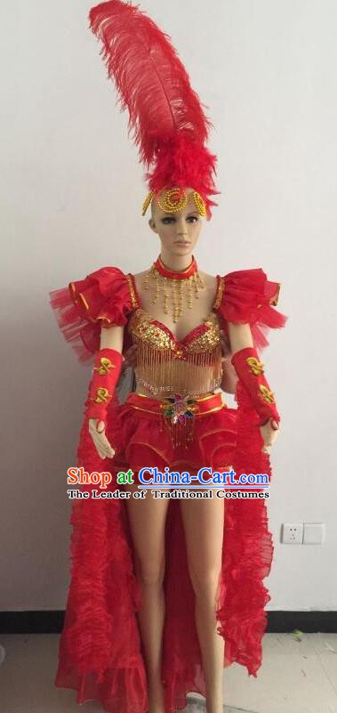 Top Grade Catwalks Red Feather Costume Brazilian Carnival Samba Dance Bikini Clothing and Headdress for Women