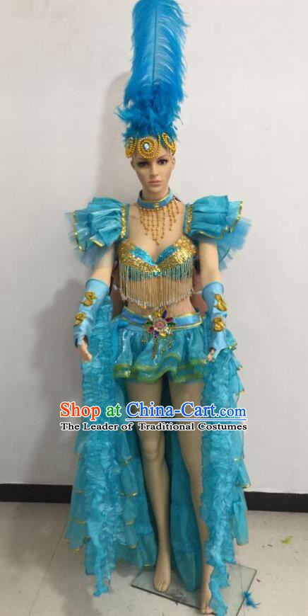 Top Grade Catwalks Blue Feather Costume Brazilian Carnival Samba Dance Bikini Clothing and Headdress for Women