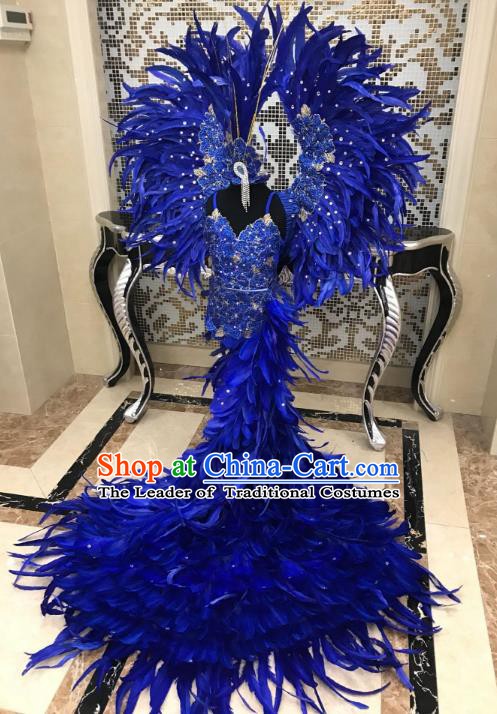 Top Grade Children Stage Performance Costume Modern Dance Catwalks Swimsuit and Blue Feather Wings for Kids