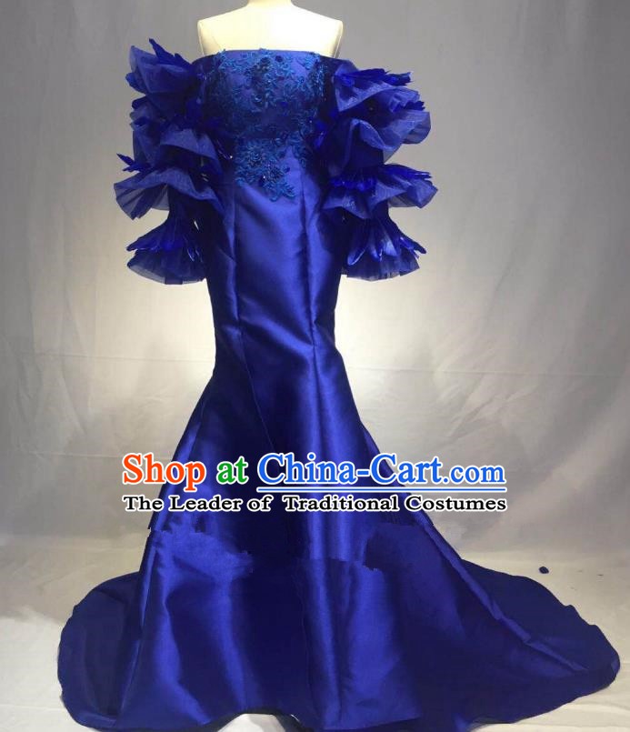 Top Grade Stage Performance Costume Modern Dance Blue Strapless Dress Catwalks Full Dress for Women