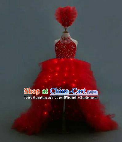 Top Grade Children Stage Performance Costume Compere Red Feather Mullet Dress Catwalks Clothing for Kids