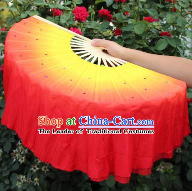 Chinese Handmade Folk Dance Folding Fans Yangko Dance Red Silk Ribbon Fan for Women