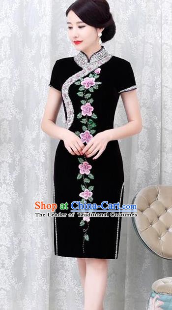 Chinese Traditional Elegant Cheongsam Embroidery Black Velvet Qipao Dress National Costume for Women