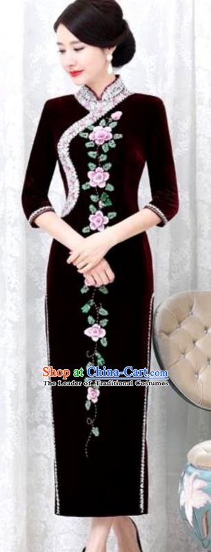 Chinese Traditional Elegant Purplish Red Velvet Cheongsam Embroidery Qipao Dress National Costume for Women