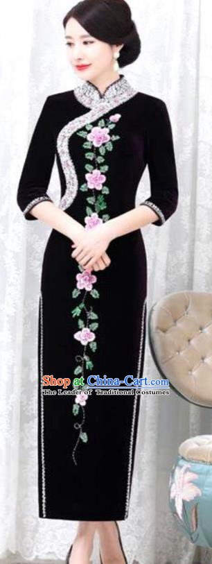 Chinese Traditional Elegant Black Velvet Cheongsam Embroidery Qipao Dress National Costume for Women