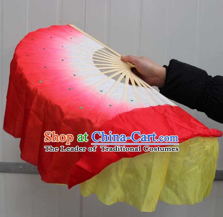 Chinese Handmade Folk Dance Yellow and Red Ribbons Folding Fans Yangko Dance Classical Dance Fans for Women