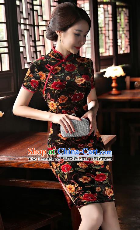 Chinese Traditional Elegant Black Velvet Cheongsam National Costume Short Qipao Dress for Women