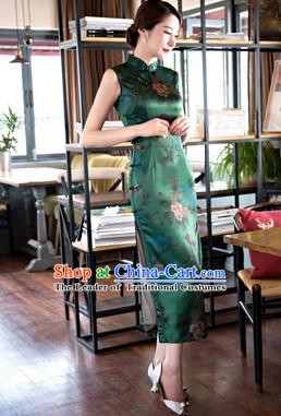 Chinese Traditional Elegant Retro Green Cheongsam National Costume Printing Qipao Dress for Women