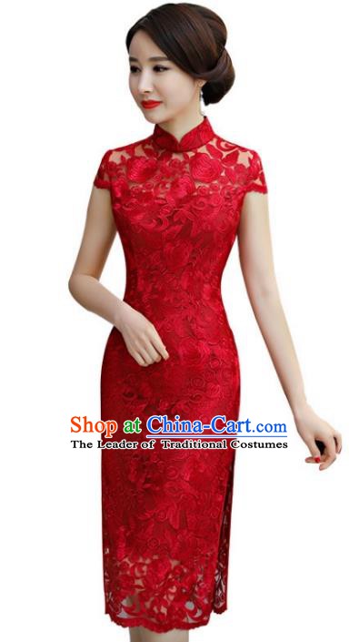 Chinese Traditional Elegant Red Lace Cheongsam National Costume Wedding Qipao Dress for Women