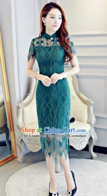 Chinese Traditional Elegant Peacock Green Lace Cheongsam National Costume Qipao Dress for Women