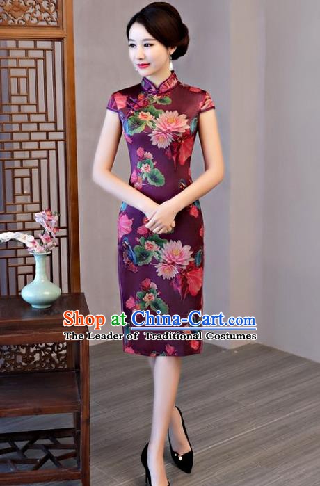 Chinese Traditional Elegant Cheongsam Top Grade Purple Silk Full Dress National Costume Retro Printing Qipao for Women