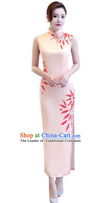 Chinese Traditional National Costume Elegant Cheongsam Printing Pink Qipao Dress for Women