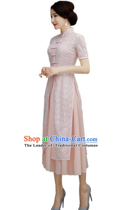 Chinese Traditional National Costume Elegant Embroidered Pink Lace Cheongsam Qipao Dress for Women