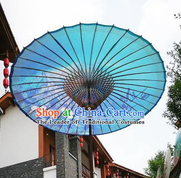 Chinese Traditional Artware Paper Umbrella Folk Dance Painting Peach Blossom Blue Oil-paper Umbrella Handmade Umbrella