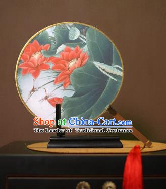 Chinese Traditional Circular Fans Handmade Printing Red Lotus Round Fan China Ancient Palace Dance Fans