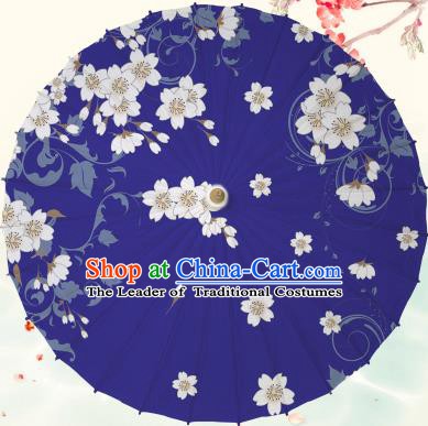 Chinese Traditional Artware Royalblue Paper Umbrella Classical Dance Printing Peach Blossom Oil-paper Umbrella Handmade Umbrella