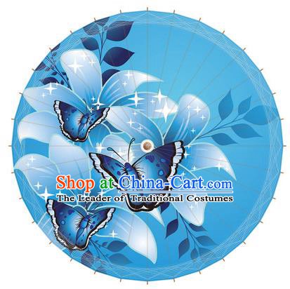 Chinese Traditional Artware Paper Umbrella Printing Butterfly Blue Oil-paper Umbrella Handmade Umbrella