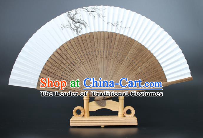 Chinese Traditional Artware Handmade Sandalwood Folding Fans Ink Painting Plum Blossom Paper Fans
