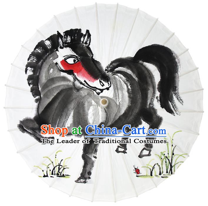 Chinese Traditional Artware Dance Umbrella Ink Painting Zodiac Horse Paper Umbrellas Oil-paper Umbrella Handmade Umbrella