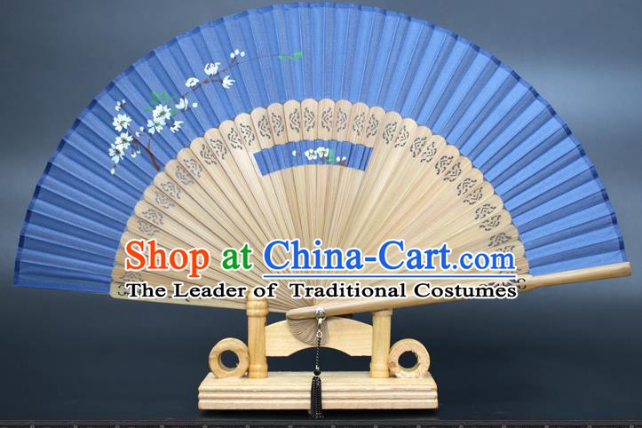Chinese Traditional Artware Handmade Folding Fans Printing Plum Blossom Blue Silk Fans Accordion
