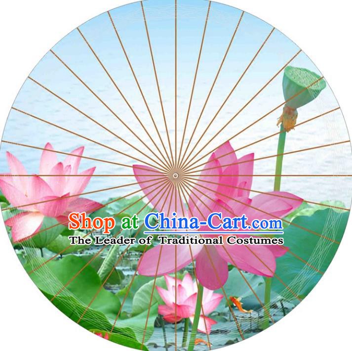 Chinese Traditional Artware Paper Umbrellas Printing Lotus Flowers Blue Oil-paper Umbrella Handmade Umbrella