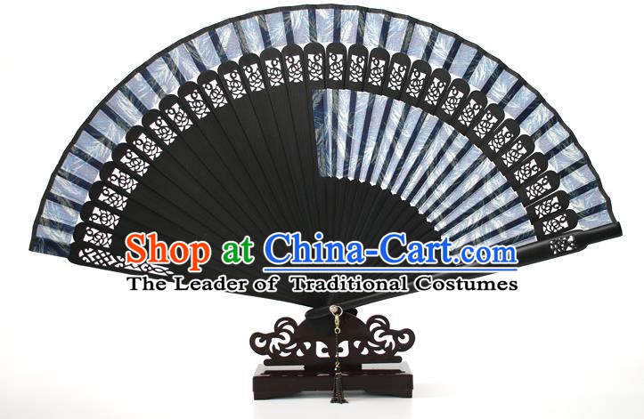 Chinese Traditional Artware Handmade Folding Fans Blue Silk Fans Accordion