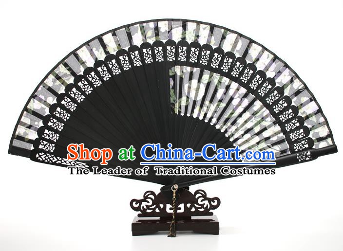 Chinese Traditional Artware Handmade Printing Folding Fans Black Silk Fans Accordion
