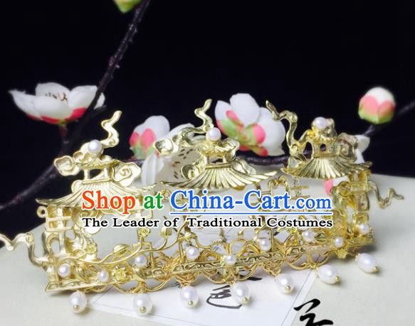 Chinese Handmade Classical Hair Accessories Golden Hair Crown Hairpins Hanfu Hair Stick for Women