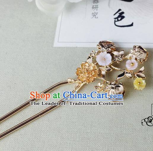Chinese Handmade Classical Hair Accessories Wedding Shell Flowers Hair Stick Golden Hairpins for Women
