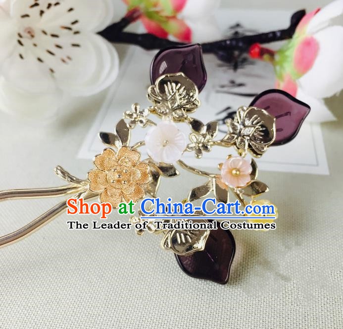 Chinese Handmade Classical Hair Accessories Wedding Shell Flowers Hair Stick Purple Hairpins for Women